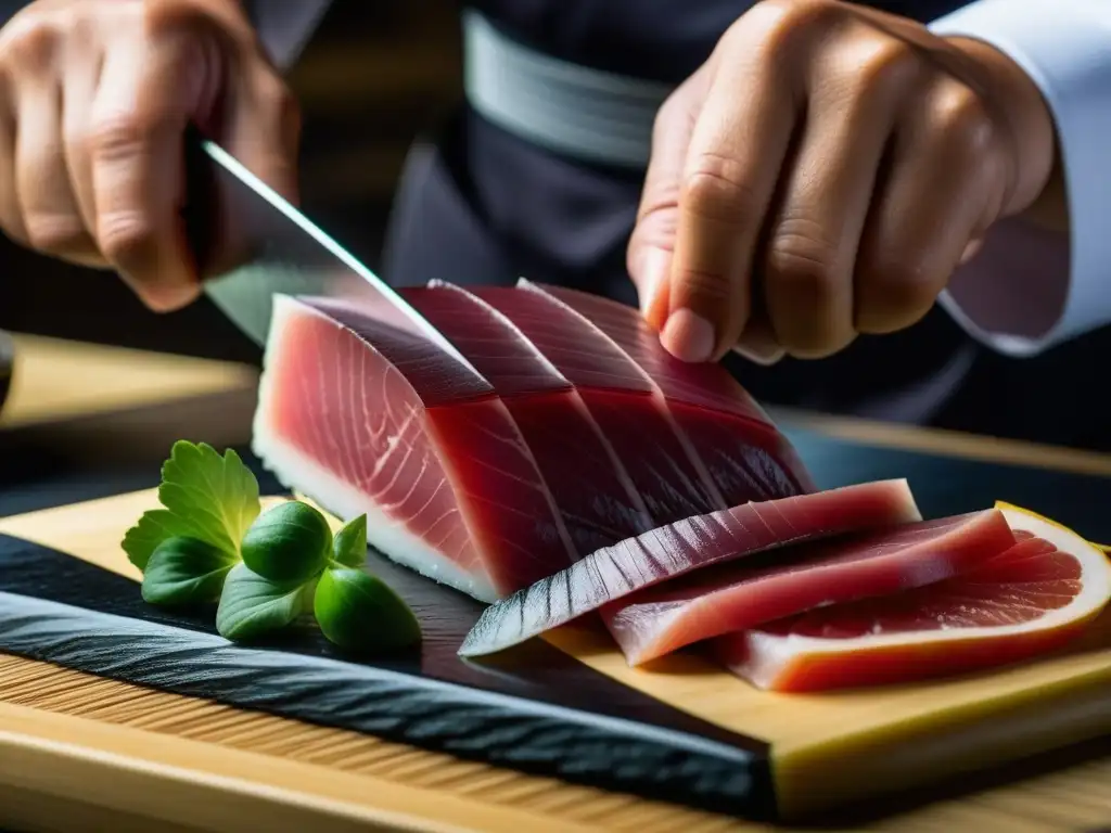 Un chef experto muestra las técnicas de cocina japonesa milenarias al rebanar finas láminas de atún sashimi