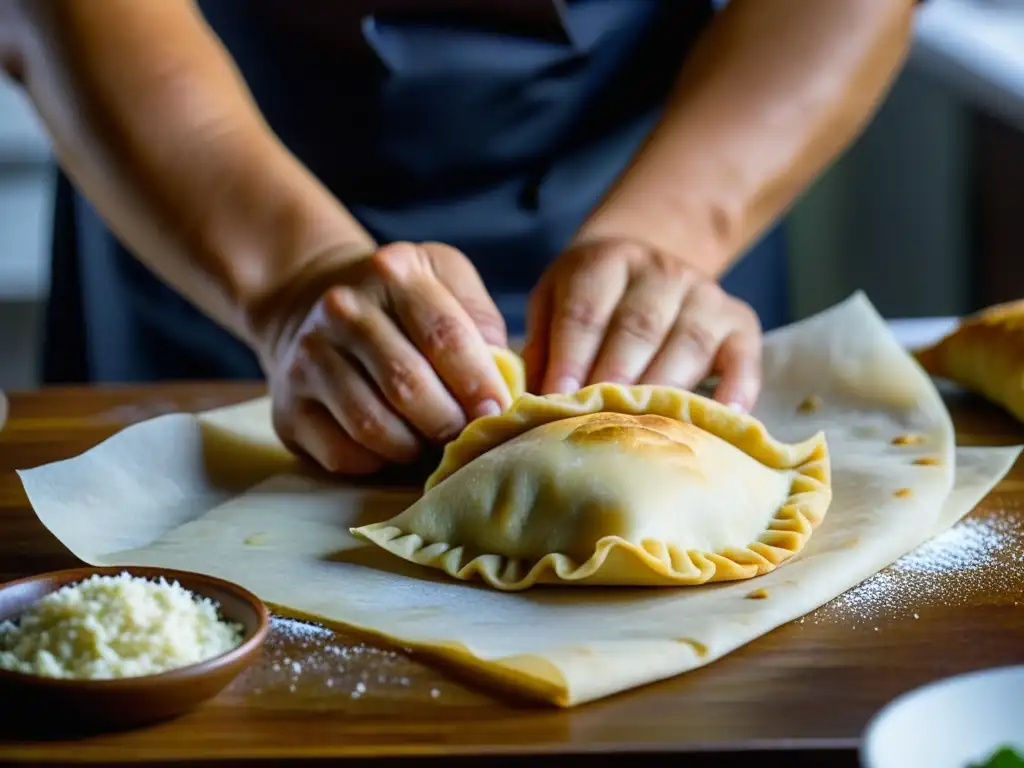 Un chef experto fusiona técnicas culinarias europeas en Sudamérica al moldear hábilmente la masa de empanadas