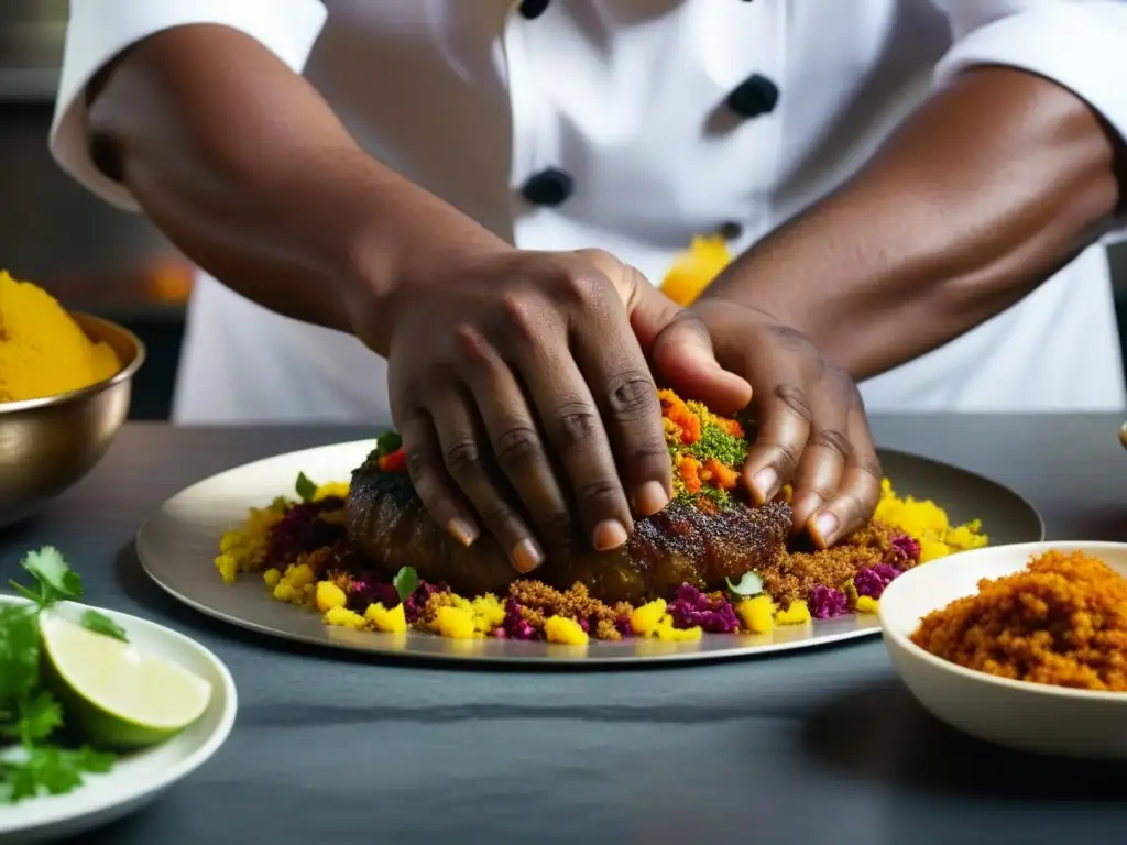 Un chef experto fusiona técnicas culinarias africanas y mughal en una imagen detallada de sus manos preparando una deliciosa comida