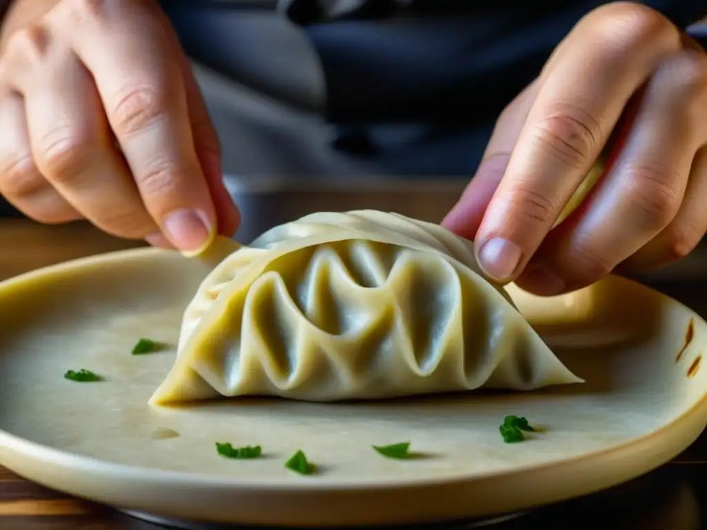 Maestría culinaria: Chef experto elabora dumplings asiáticos con destreza Un chef experto fusiona técnicas culinarias en la creación de un delicioso dumpling, reflejando el intercambio culinario Asia Europa