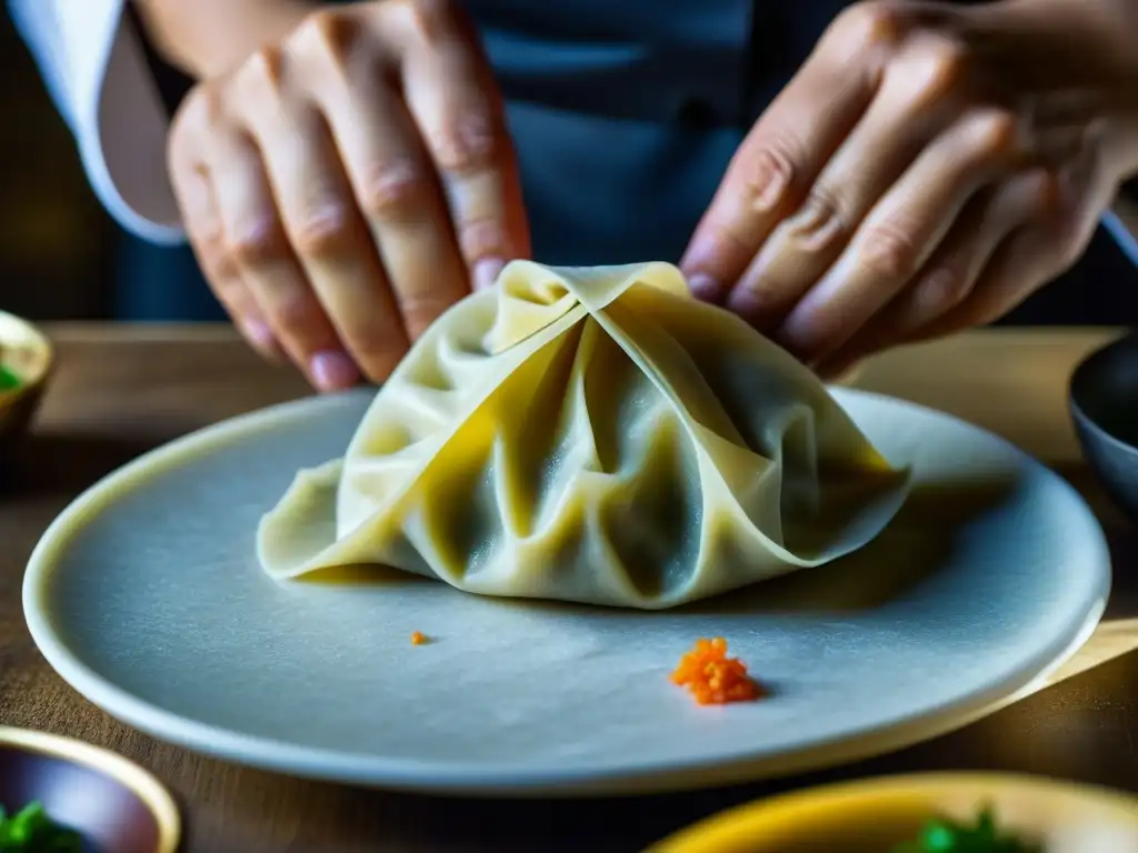 Un chef experto adopta técnicas culinarias asiáticas al armar un delicioso dumpling con destreza y precisión