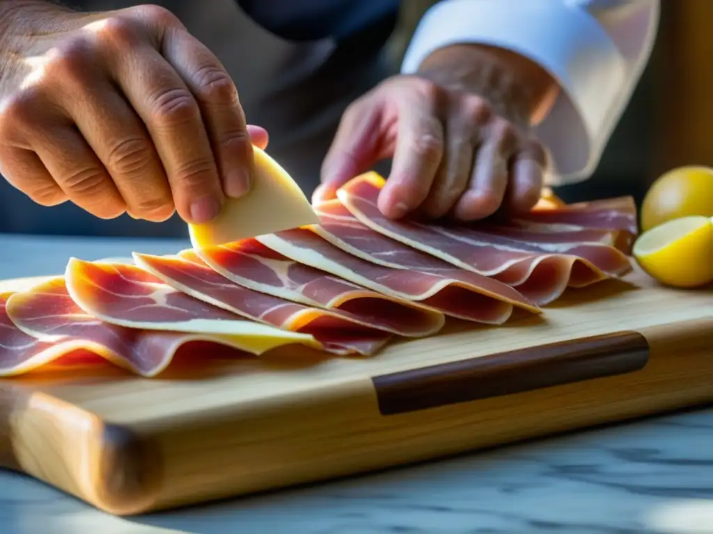 Un chef experto armoniza técnicas europeas de conservación con la despensa sudamericana al colocar jamón ibérico en tabla de embutidos