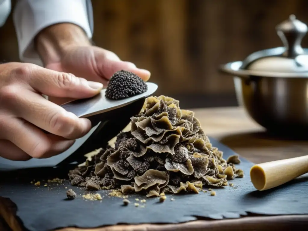 Un chef experto usando técnicas históricas para cocinar con trufas, en una atmósfera auténtica y detallada