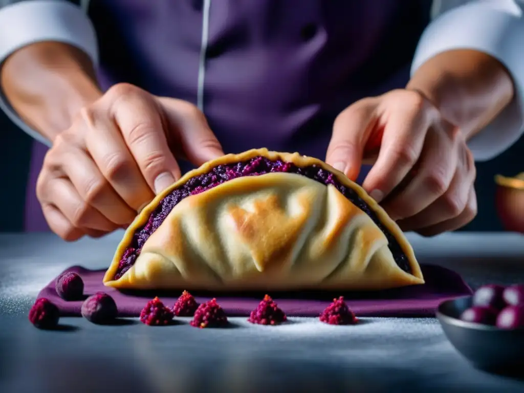 Un chef experto en técnicas innovadoras rellena empanadas con masa de remolacha púrpura