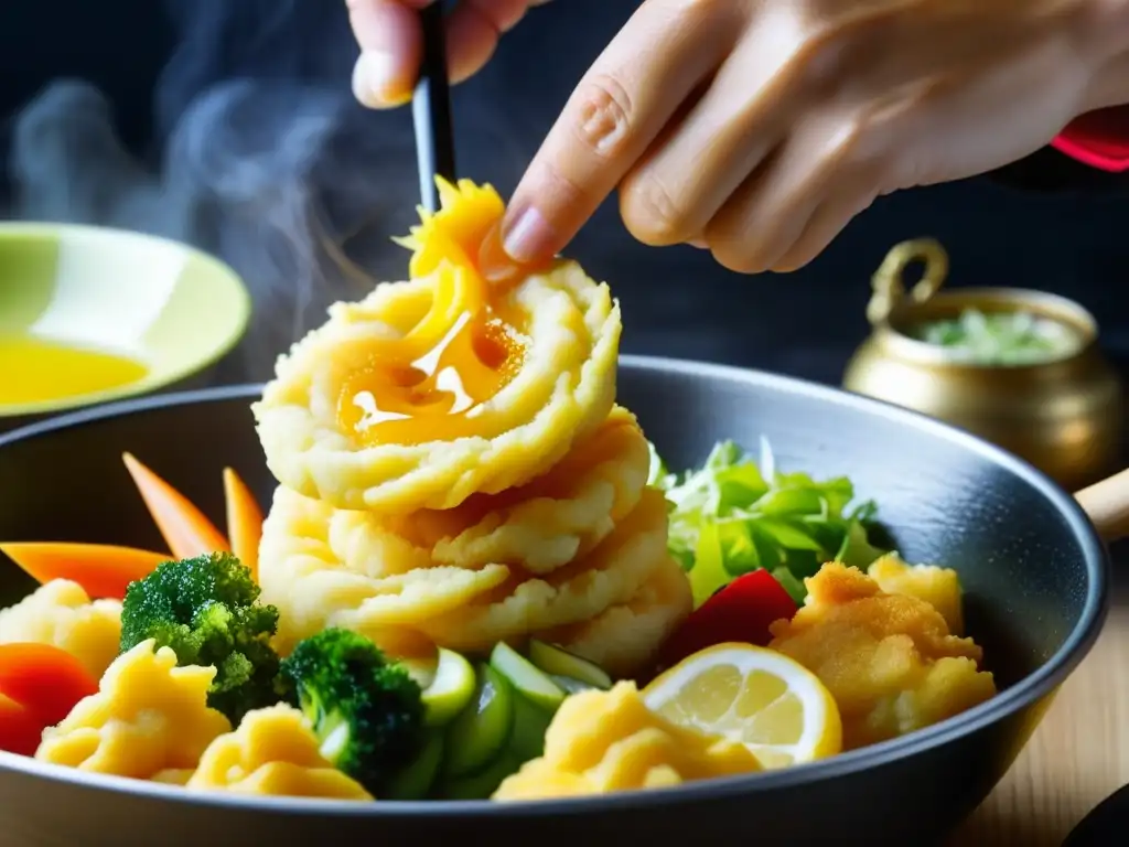 Chef experto preparando tempura japonesa con precisión Chef experto preparando tempura: una mezcla de vegetales coloridos y mariscos frescos sumergidos en una fina masa dorada