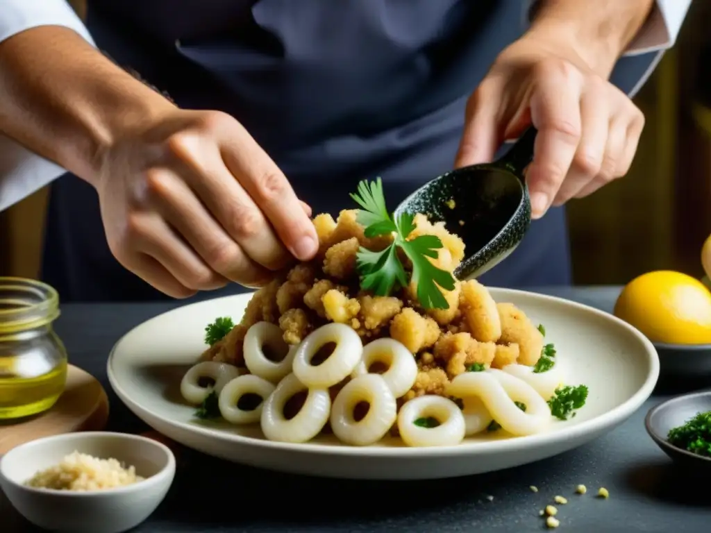 Un chef experto prepara Calamares en su tinta en una cocina mediterránea, mostrando historia y técnica culinaria