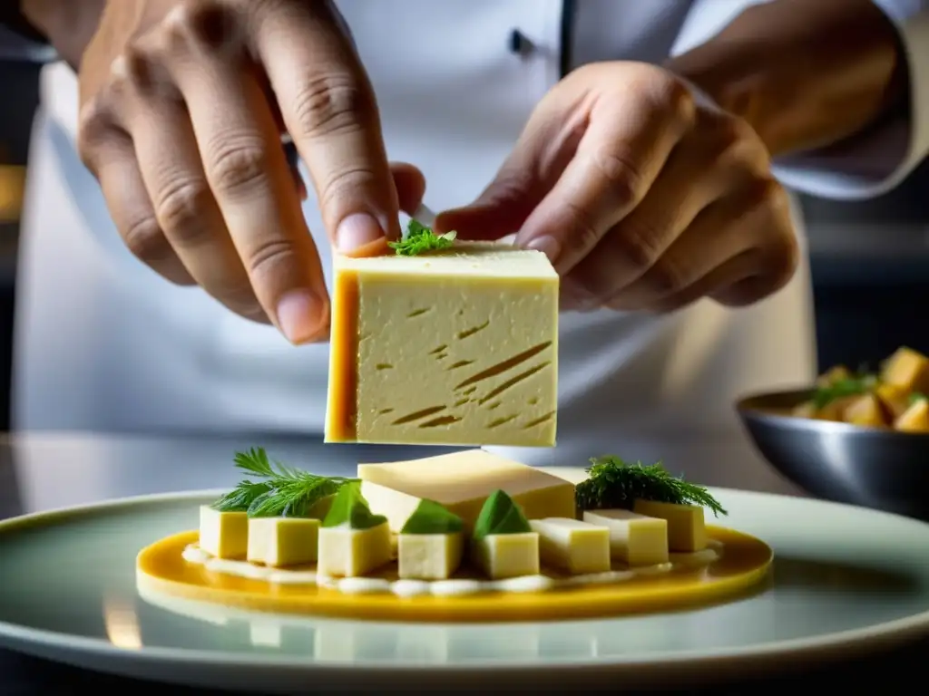 Chef experto transforma tofu en obra culinaria de alta cocina Un chef experto transformando el tofu en una obra culinaria, destacando la evolución del tofu en la cocina