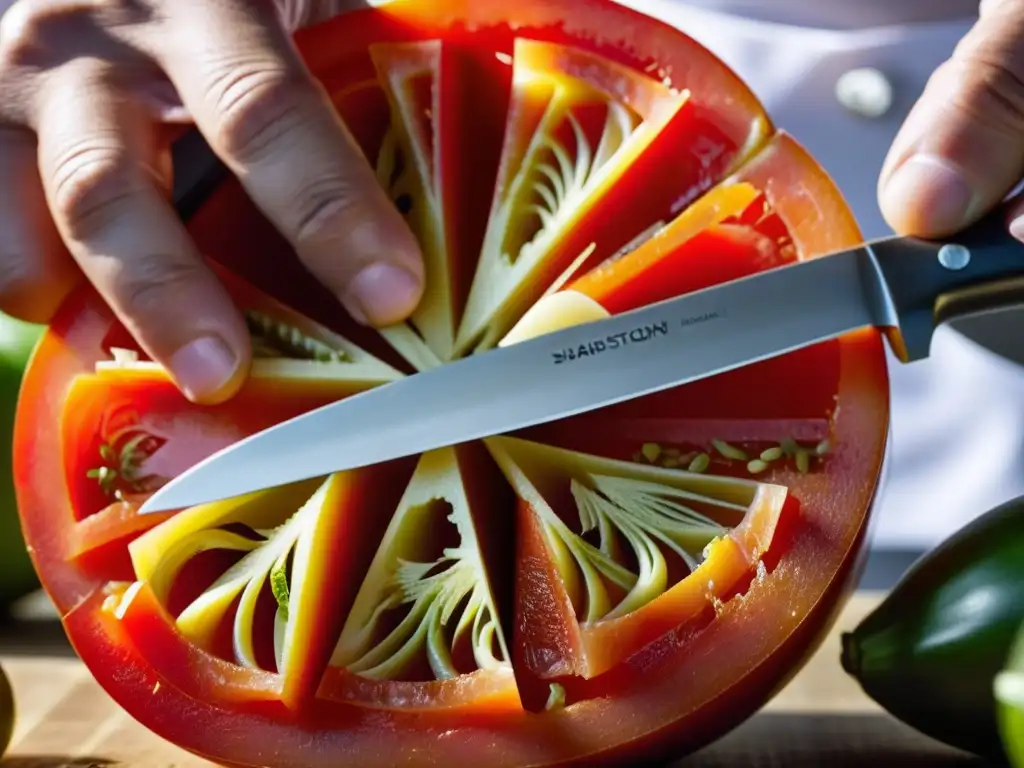 Un chef experto cortando tomate rojo en la cocina de corte en Versalles, resaltando precisión y arte culinario