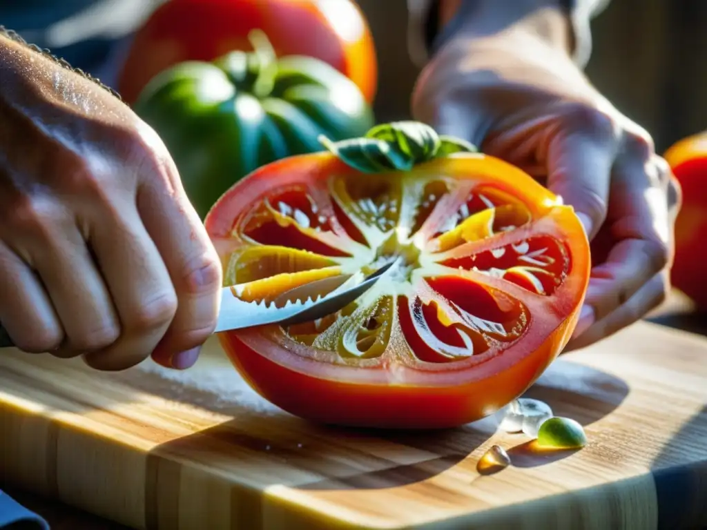 Un chef experto cortando un tomate heirloom sobre tabla de madera, rodeado de verduras frescas