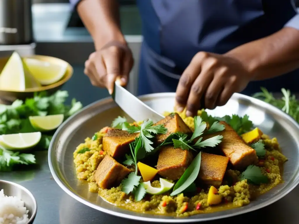 Un chef experto prepara una tradicional curry de pescado sur asiático, mostrando la riqueza culinaria de la región