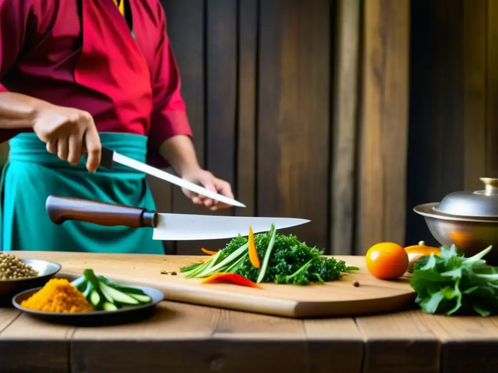 Un chef experto en traje asiático prepara una receta histórica de la cultura asiática con ingredientes vibrantes