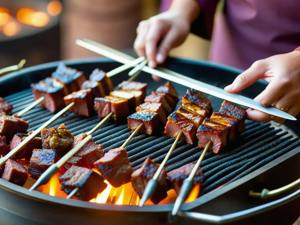 Un chef experto ensarta trozos de carne en brochetas, listas para el horno tandoor