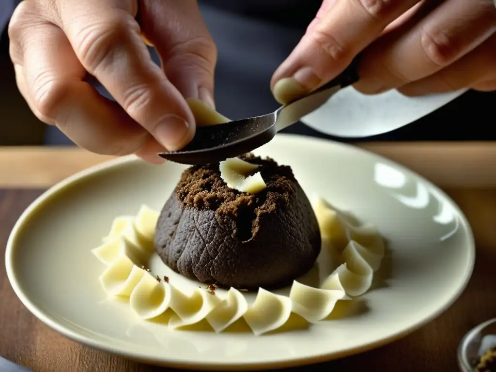 Un chef experto rallando trufa sobre un exquisito plato, resaltando la belleza y aroma de las trufas en el Nuevo Mundo