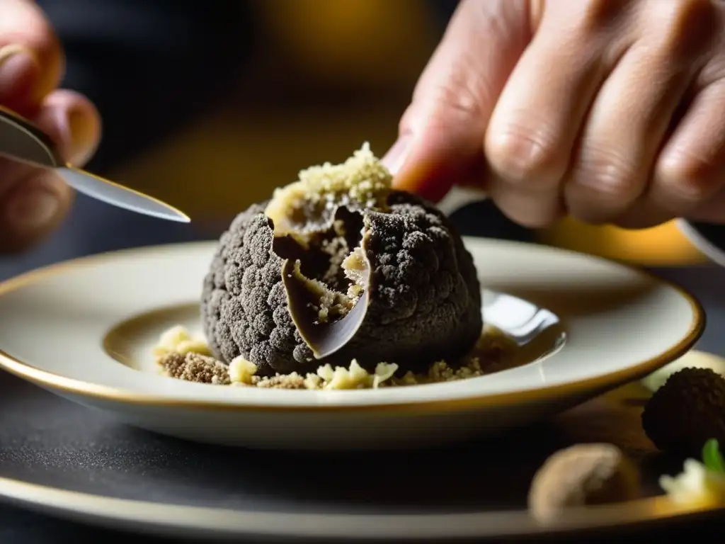 Un chef experto rallando una trufa fresca sobre un plato exquisito, destacando la cultura culinaria de las trufas recetas históricas