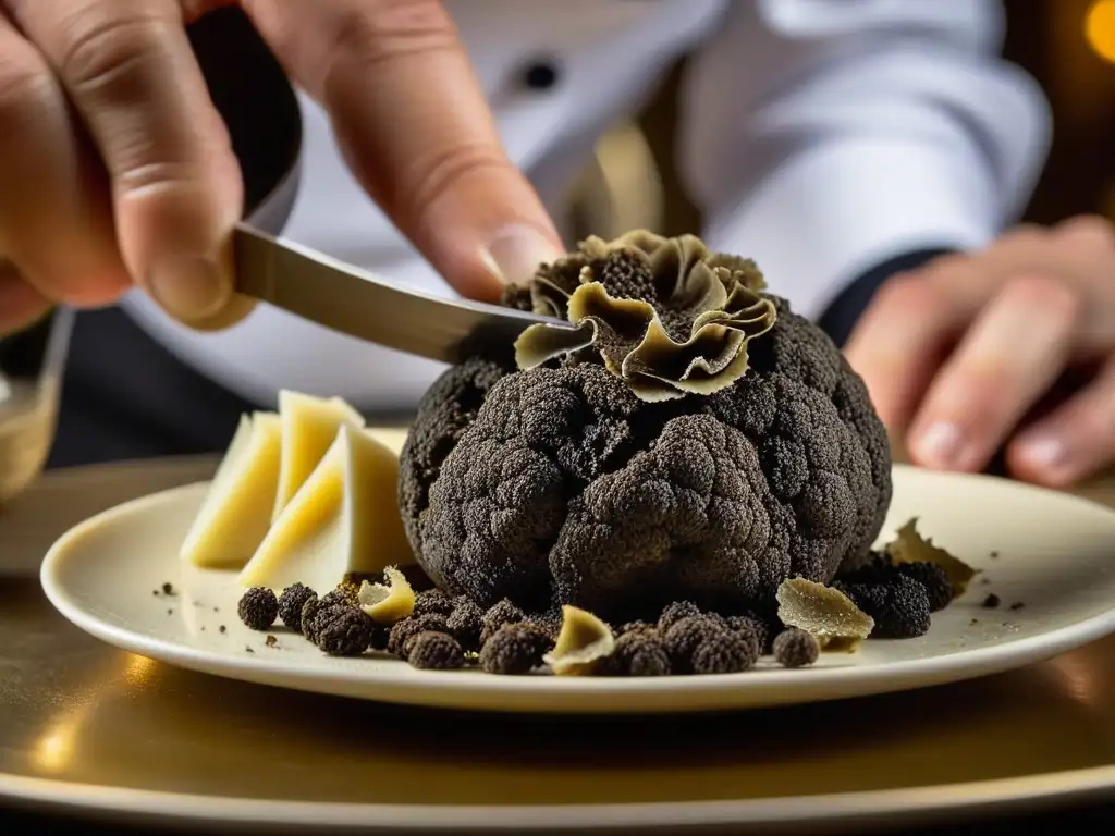 Un chef experto rallando una trufa negra sobre un exquisito plato, revelando la historia y la sofisticación de las trufas en la gastronomía