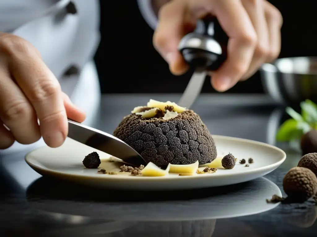 Un chef experto rallando una trufa negra sobre un plato en una cocina moderna, destacando la textura y aroma