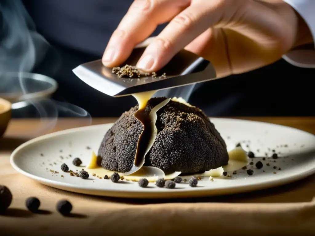 Un chef experto rallando una trufa negra sobre un plato exquisito, en una cocina moderna