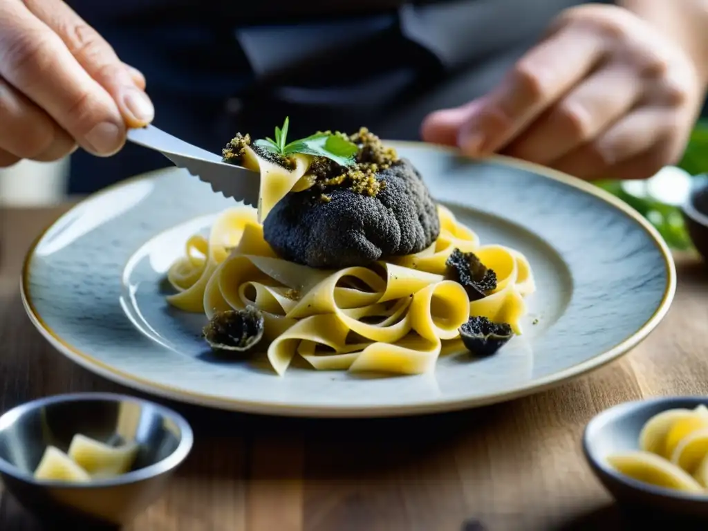 Un chef experto ralla una trufa negra sobre pasta gourmet, destacando la esencia de la historia trufas gastronomía arte culinario