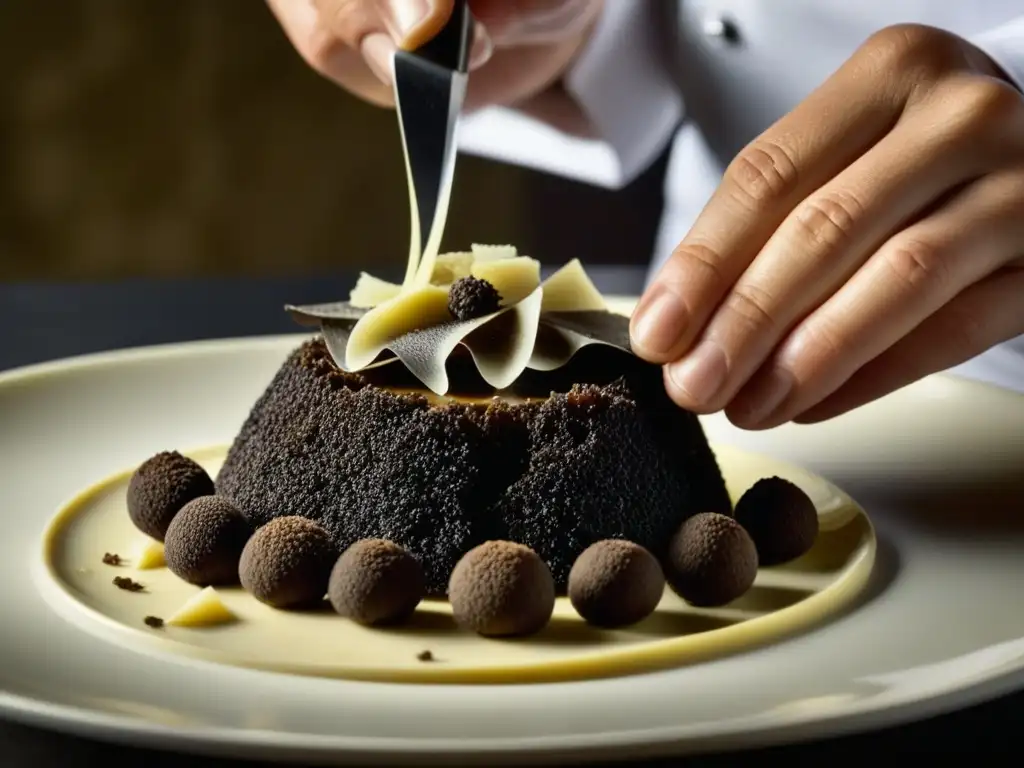 Un chef experto en Trufas en el Nuevo Mundo, rallando finas láminas sobre un exquisito platillo