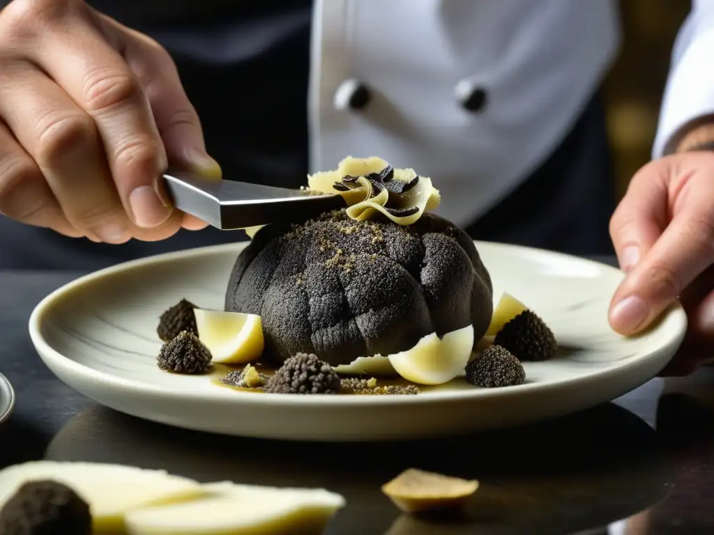 Un chef experto en trufas recetas históricas cultura, delicadamente rallando una trufa negra sobre un exquisito plato