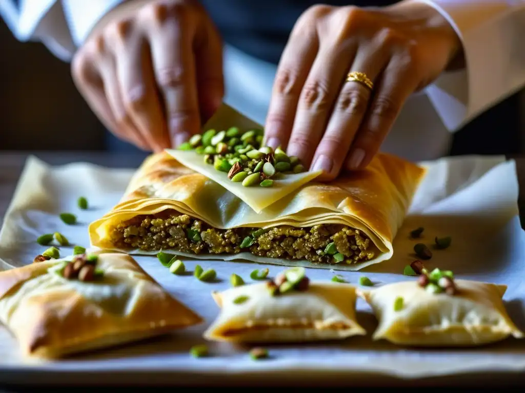 Un chef experto elabora Baklava turco para Eid alFitr, con cuidado y precisión