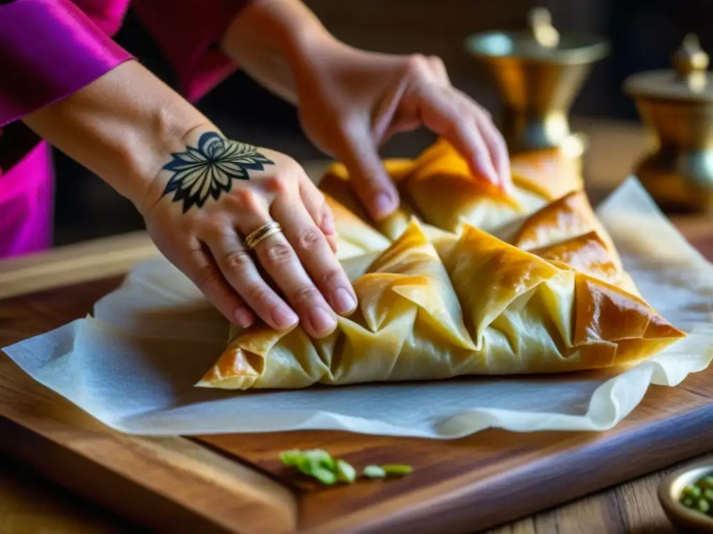 Un chef experto prepara baklava turco, con tatuajes de rutas comerciales en las manos