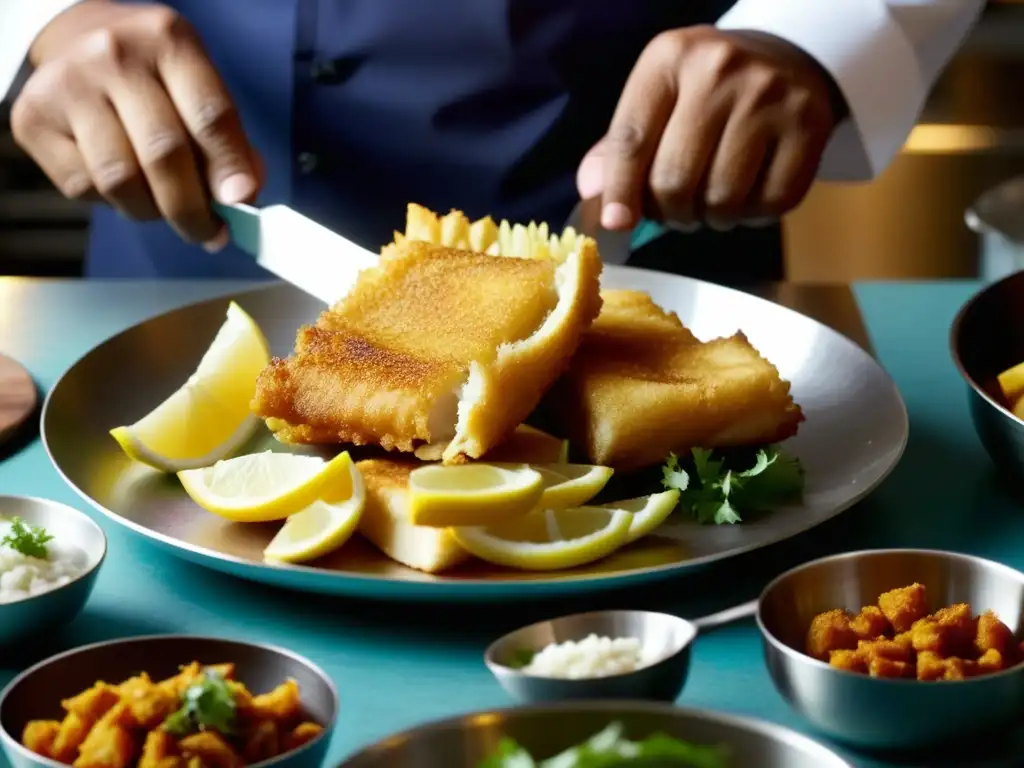 Un chef experto preparando una adaptación única de Fish and Chips en una cocina bulliciosa de Sudáfrica, con especias vibrantes y detalle excepcional