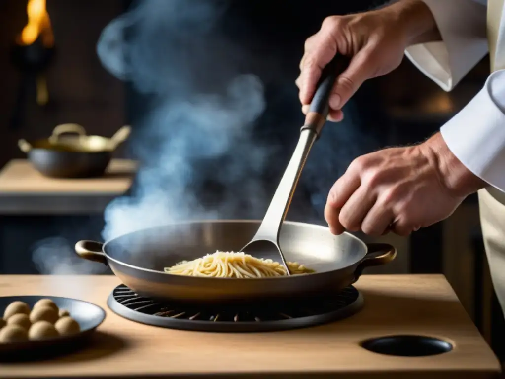 Un chef experto utiliza réplica de utensilio histórico en cocina moderna, fusionando técnicas culinarias del pasado y presente