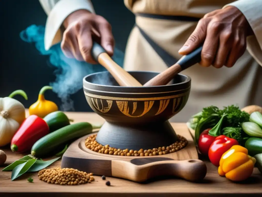 Un chef experto utiliza utensilios de cocina sahelianos en una escena culinaria detallada y auténtica