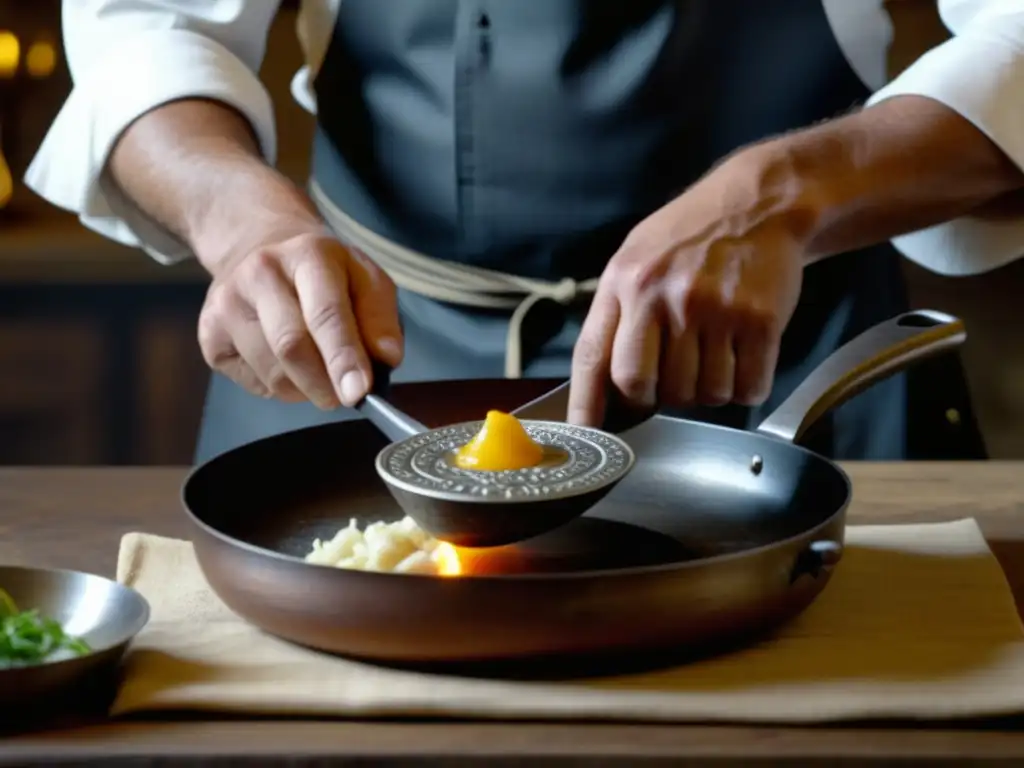 Un chef experto utilizando utensilios históricos en la cocina, fusionando tradición y modernidad