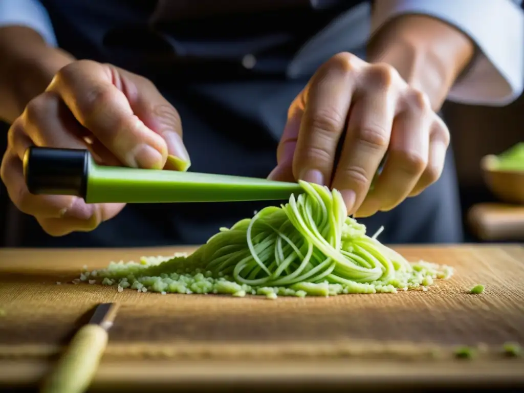 Un chef experto ralla una raíz de wasabi verde vibrante, resaltando la historia del wasabi fuera de Japón