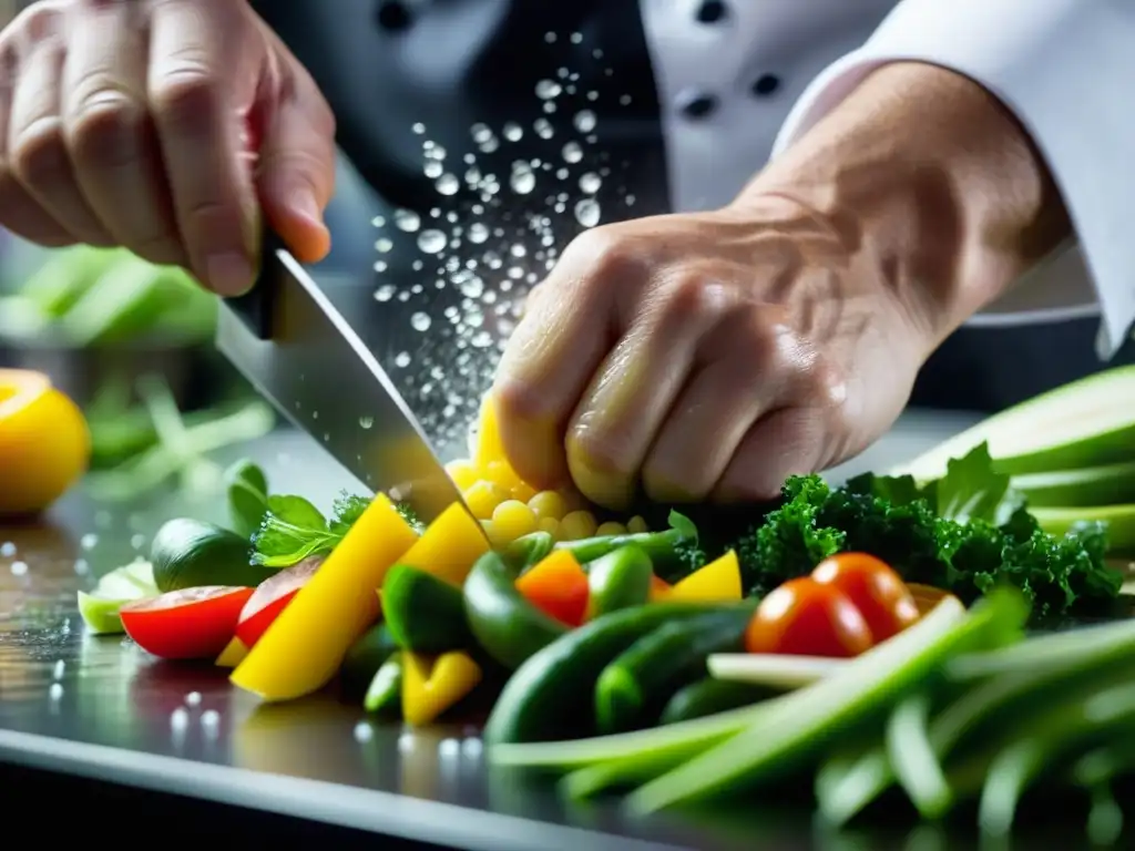 Un chef experto cortando verduras en una cocina caótica, transmitiendo la pasión por la creación culinaria