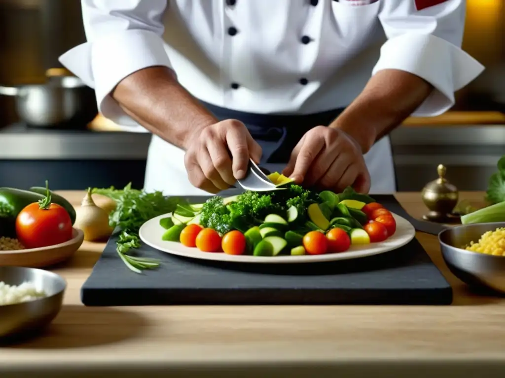 Un chef experto cortando verduras frescas para un plato regional, resaltando la Importancia de publicaciones de cocina regional