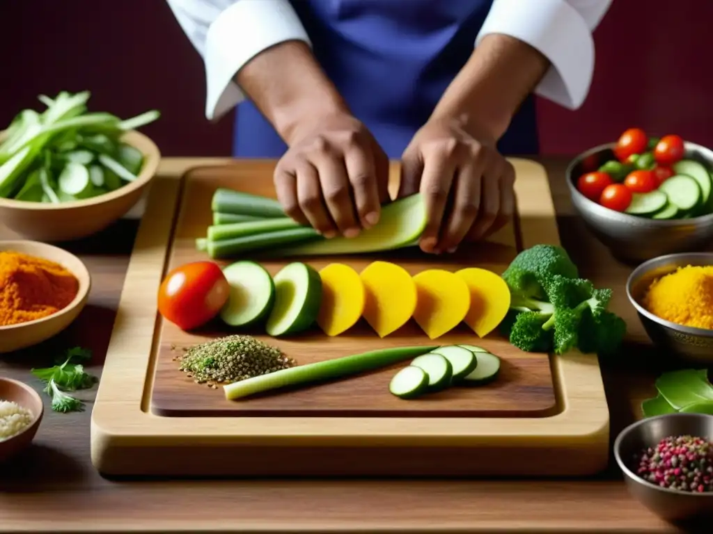 Un chef experto cortando verduras frescas en una tabla de madera, rodeado de especias Mughal