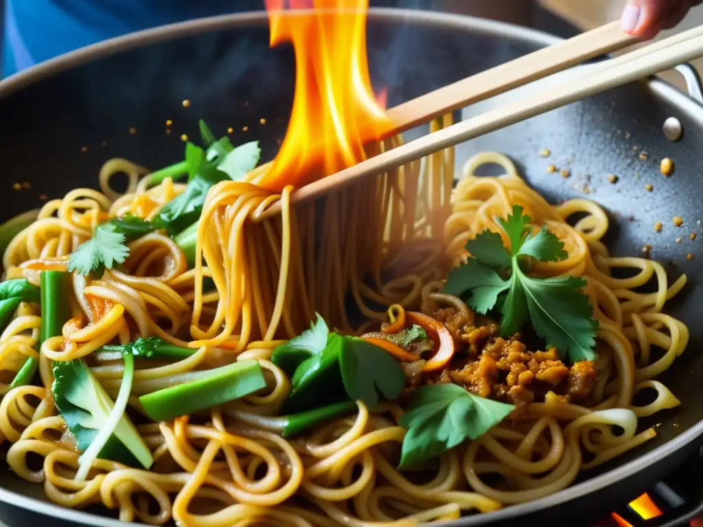 Chef experto remueve Mee Goreng en wok caliente, mostrando la evolución del Mee Goreng cultural