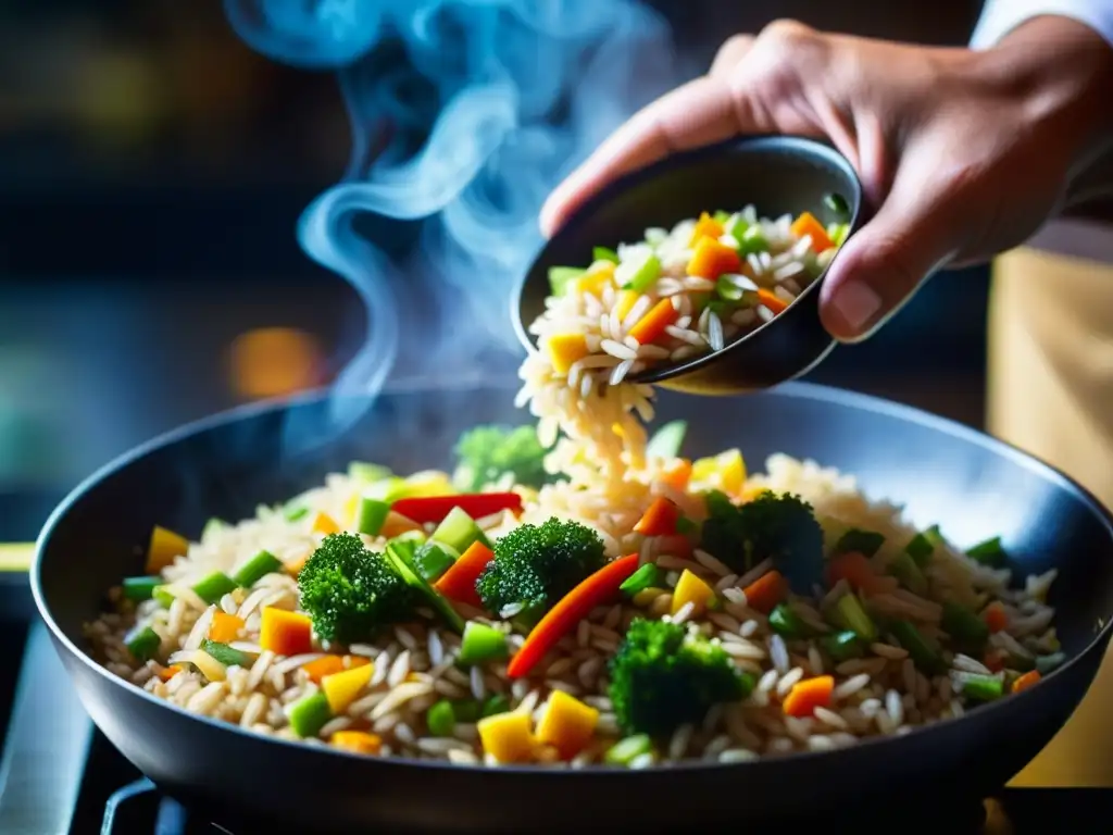 Un chef experto preparando Nasi Goreng Indonesia en un wok humeante, con ingredientes coloridos y aromáticos