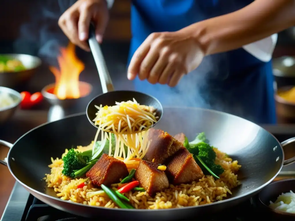 Un chef experto cocina Nasi Goreng en un wok, mostrando la maestría culinaria de Indonesia