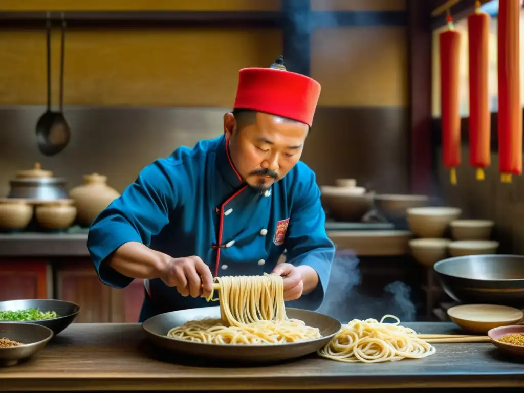 Chef experto en Xi'an tirando fideos a mano, recetas históricas de la Ruta de la Seda