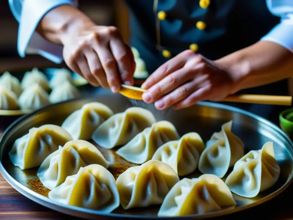 Un chef experto elaborando xiǎolóngbāo, recetas históricas de la Ruta de la Seda, con técnica y pasión