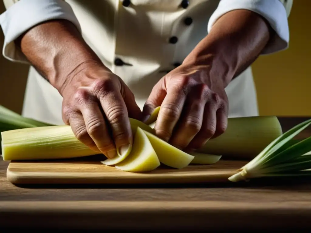 Un chef experto pela y corta una yuca fresca, mostrando sus texturas y colores