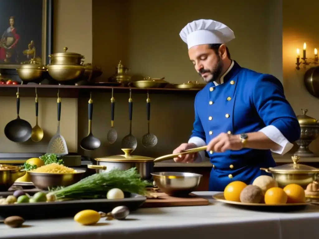 Un chef prepara una exquisita receta histórica de la monarquía europea en una cocina renacentista