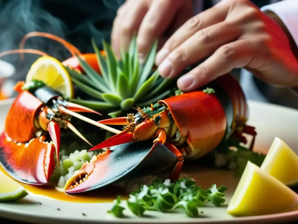 Un chef prepara un exquisito platillo con bogavante americano, mostrando detalles y colores vibrantes