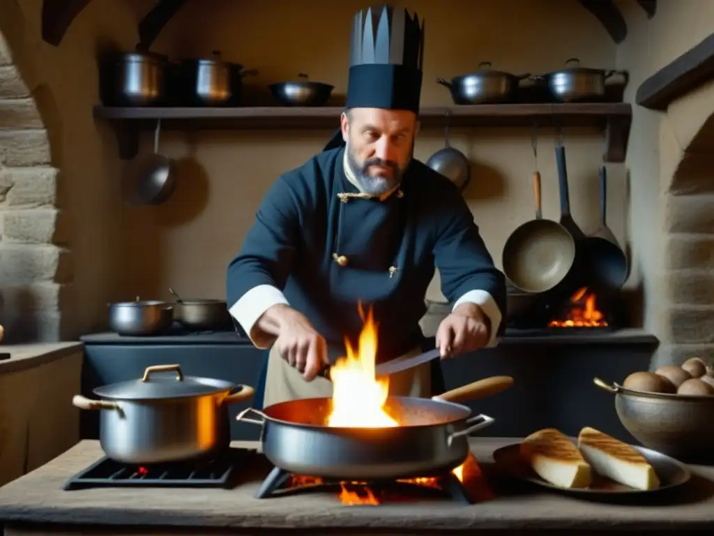 Un chef prepara un festín en una cocina Europa medieval renacentista, con utensilios de cocina y ollas sobre el fuego