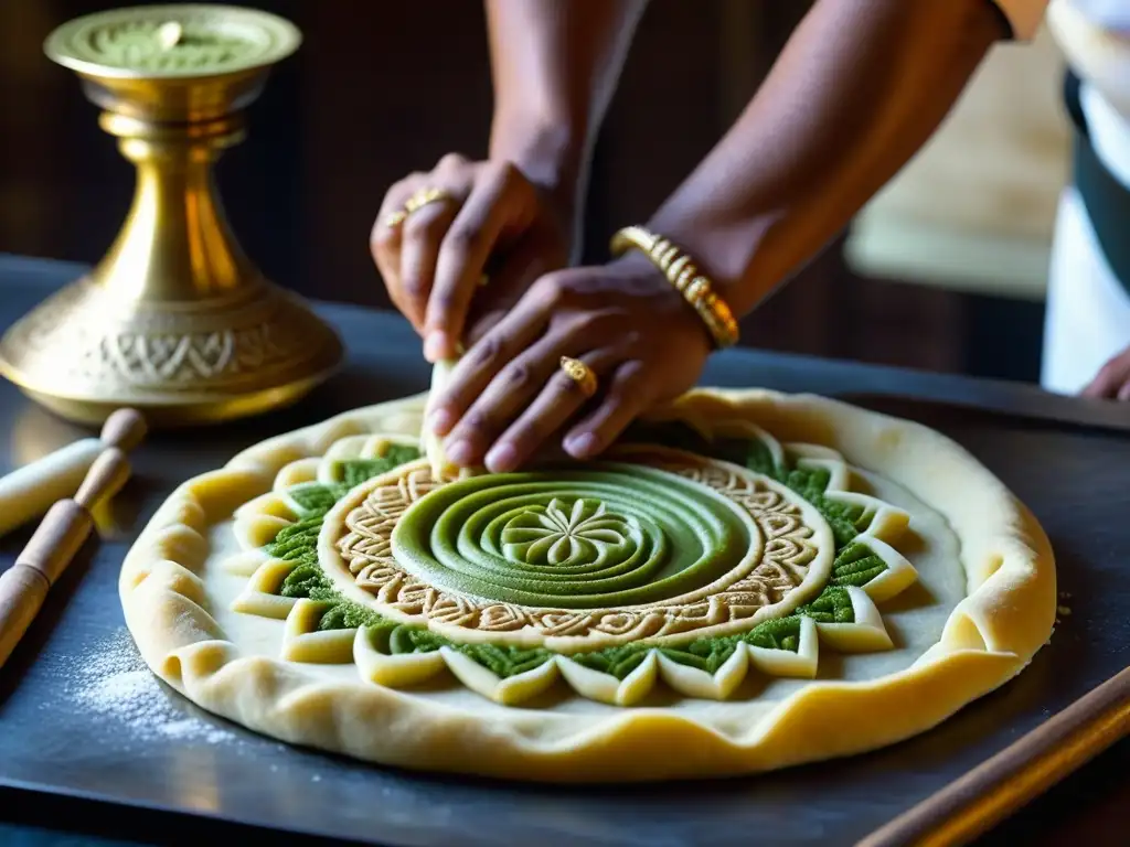 Un chef Mughal en festivales religiosos elaborando dulces tradicionales con intrincados diseños en la masa