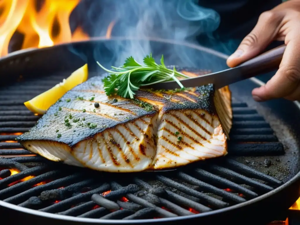 El chef saheliano sazona expertamente un filete de pescado sobre la parrilla, resaltando la importancia carne pescado dieta saheliana