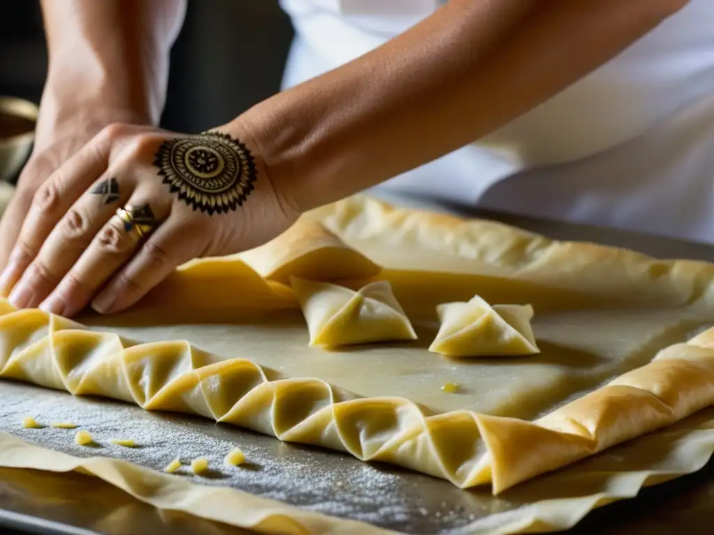 Un chef enrolla finas capas de masa filo para baklava, mostrando la influencia de la Cocina europea en colonias históricas