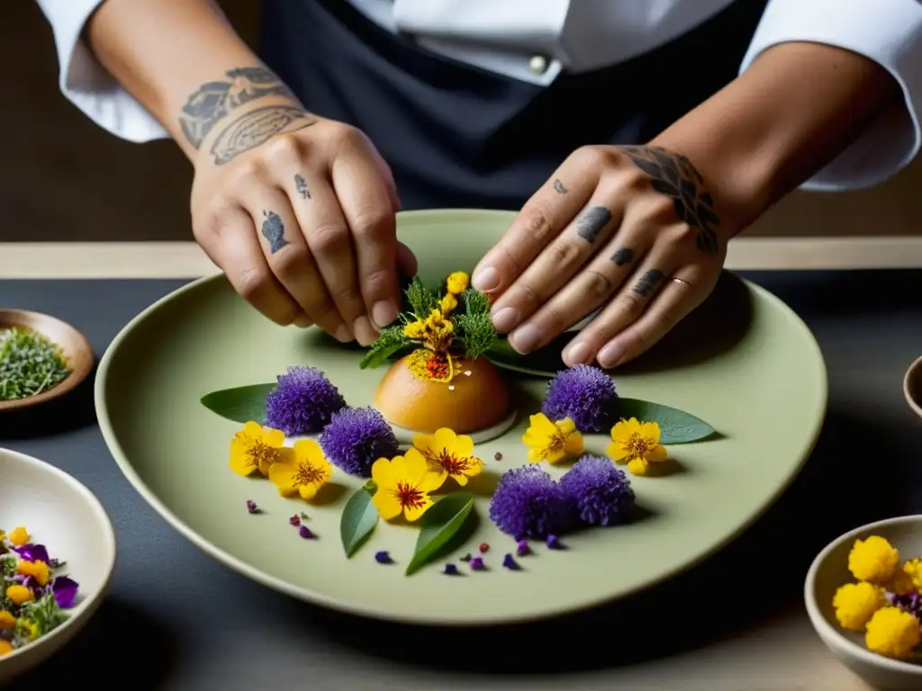 Un chef coloca flores comestibles en un plato de receta histórica, fusionando gastronomía moderna y tradicional