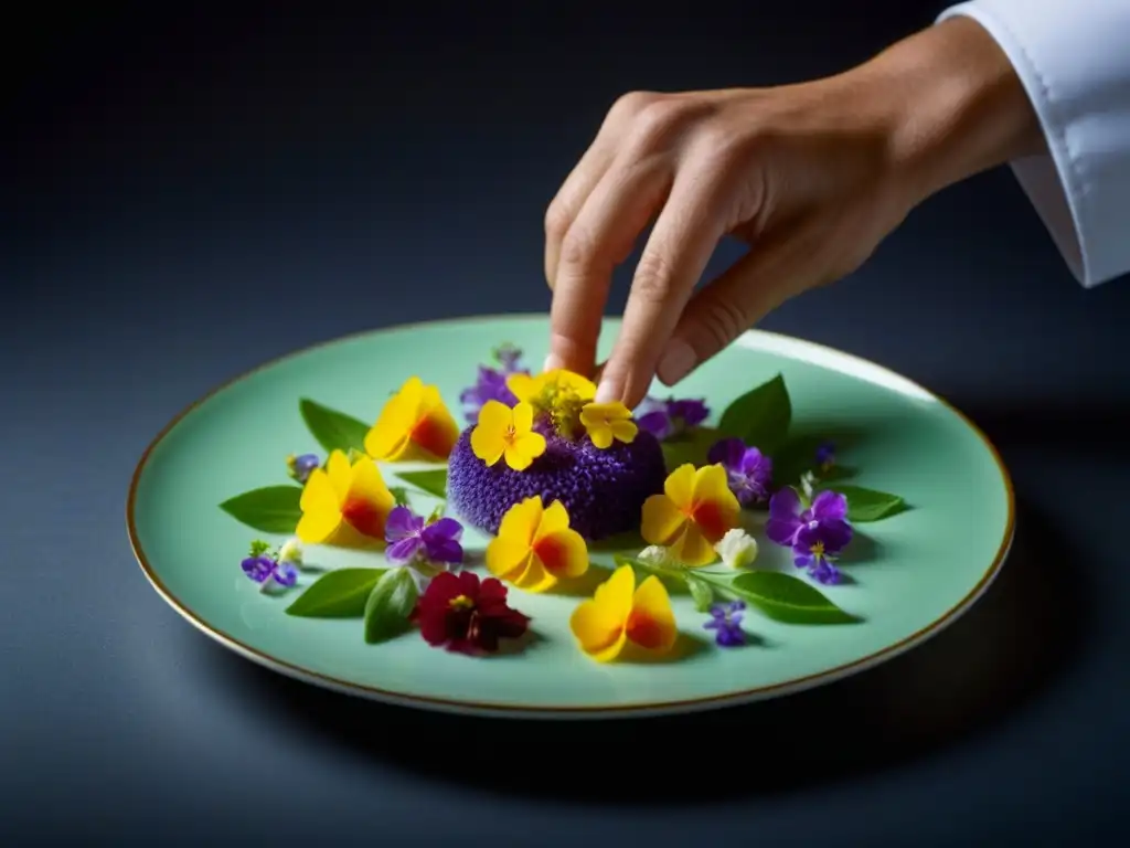 Un chef coloca flores comestibles en un plato, destacando la precisión y creatividad