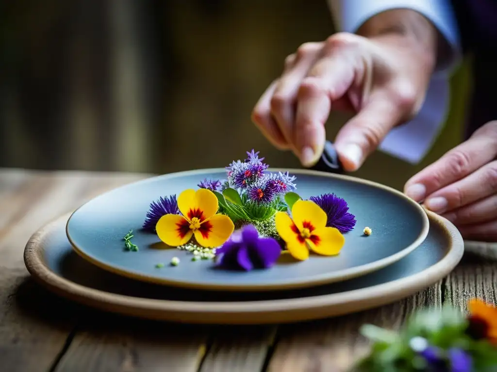 Un chef coloca flores comestibles en un plato, evocando la tradición culinaria del festival solsticio Stonehenge