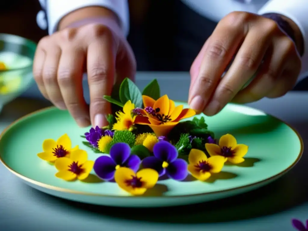 Un chef coloca flores comestibles en un plato, fusionando sabores e influencias culturales